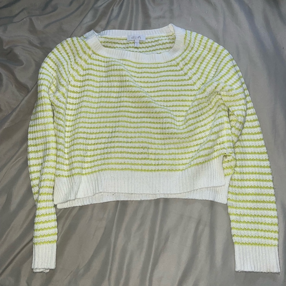 dELiA*s Lime and White Striped Crew Neck Sweater
